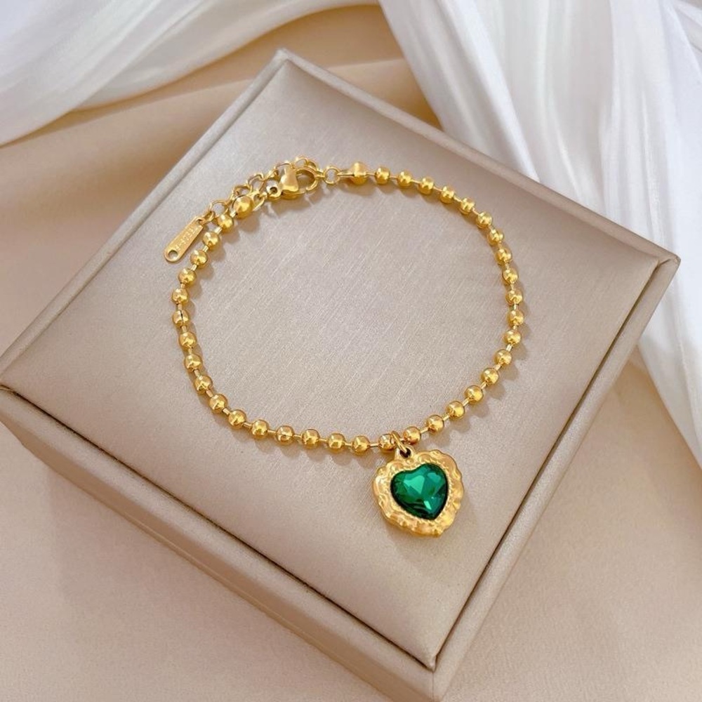 18K Gold Plated beaded solid ball bracelet*Emerald Green Heart Charm*LW